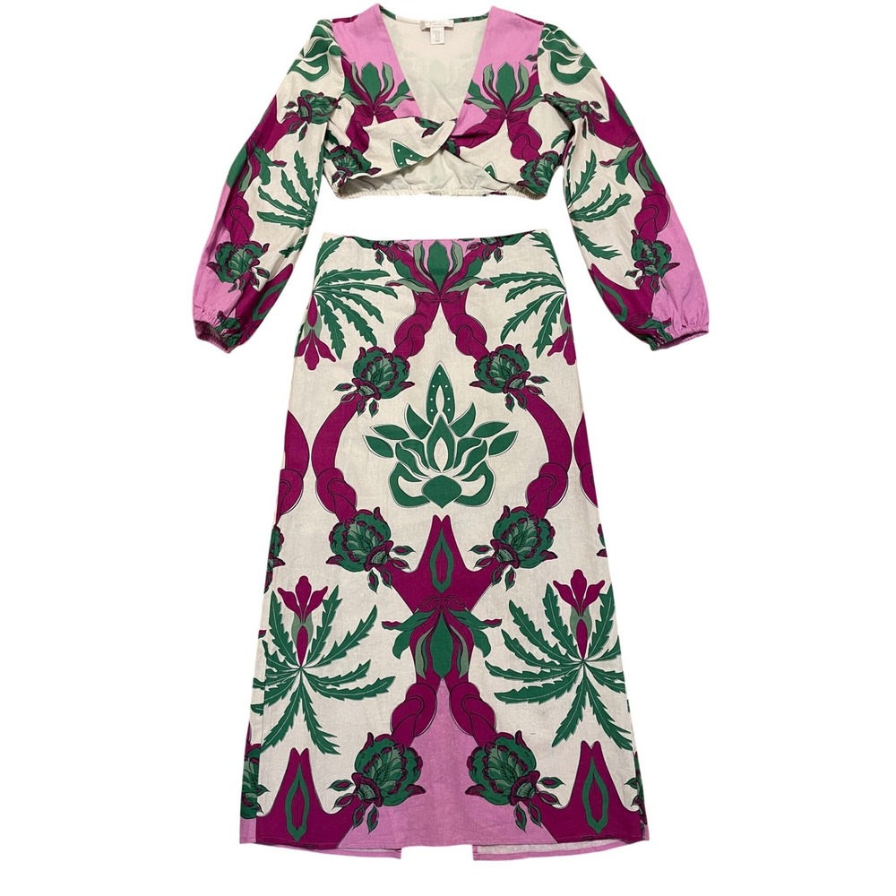 Caroline Constas 2 Piece Crop Top & Midi Skirt Set NWT Pink Green Medium - Picture 2 of 10